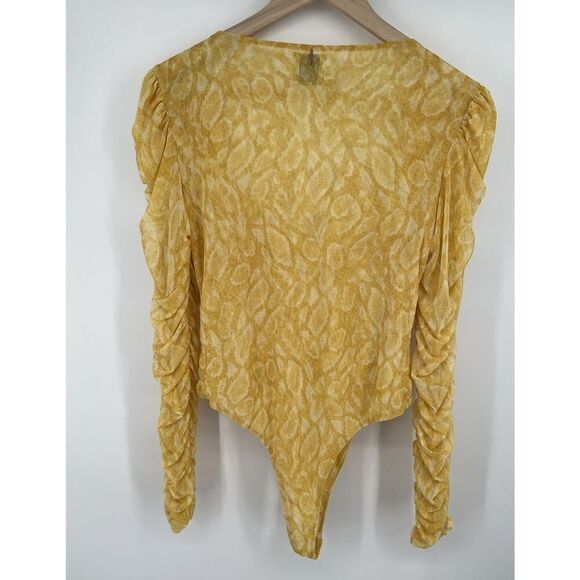 MISA Los Angeles Yellow Stretch Bodysuit Top Size Medium Long Sleeve Ruffle - Picture 4 of 4